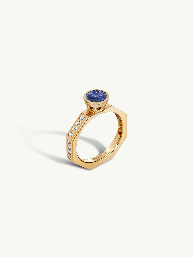 Octavian Lotus Engagement Ring With Round Brilliant-Cut Cornflower Blue Sapphire Ring In 18K Yellow Gold