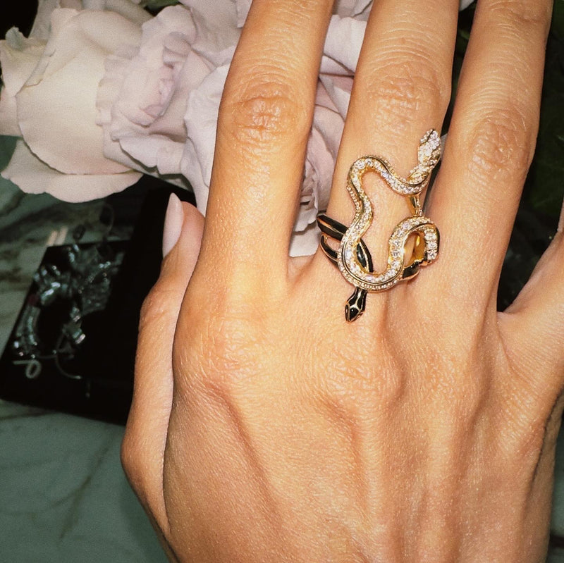 Black Opium Hayya Serpentine Ring II. With Pavé White Diamonds and Black Enamel