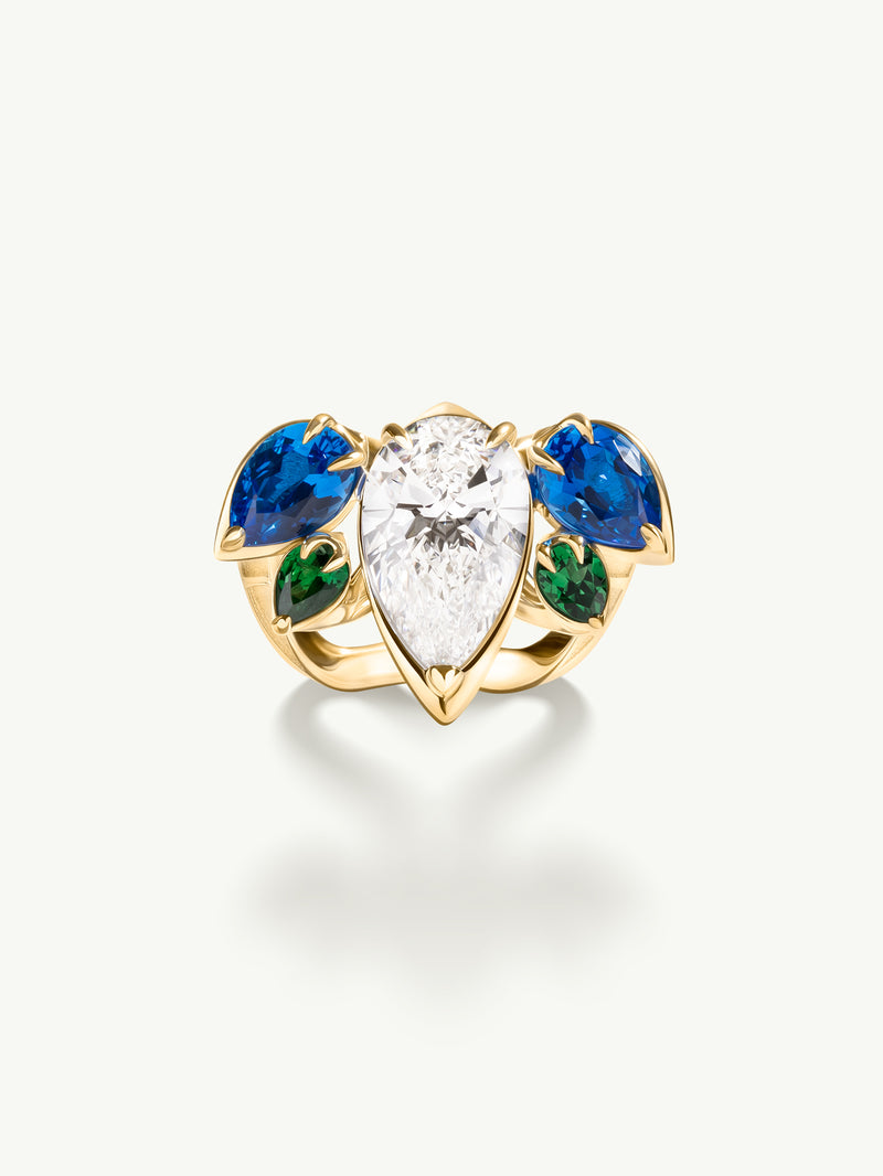 Lotus Lakshmi Ring with Pear-Shaped Diamond, Blue Spinels & Tsavorite Garnets In 18K Yellow Gold