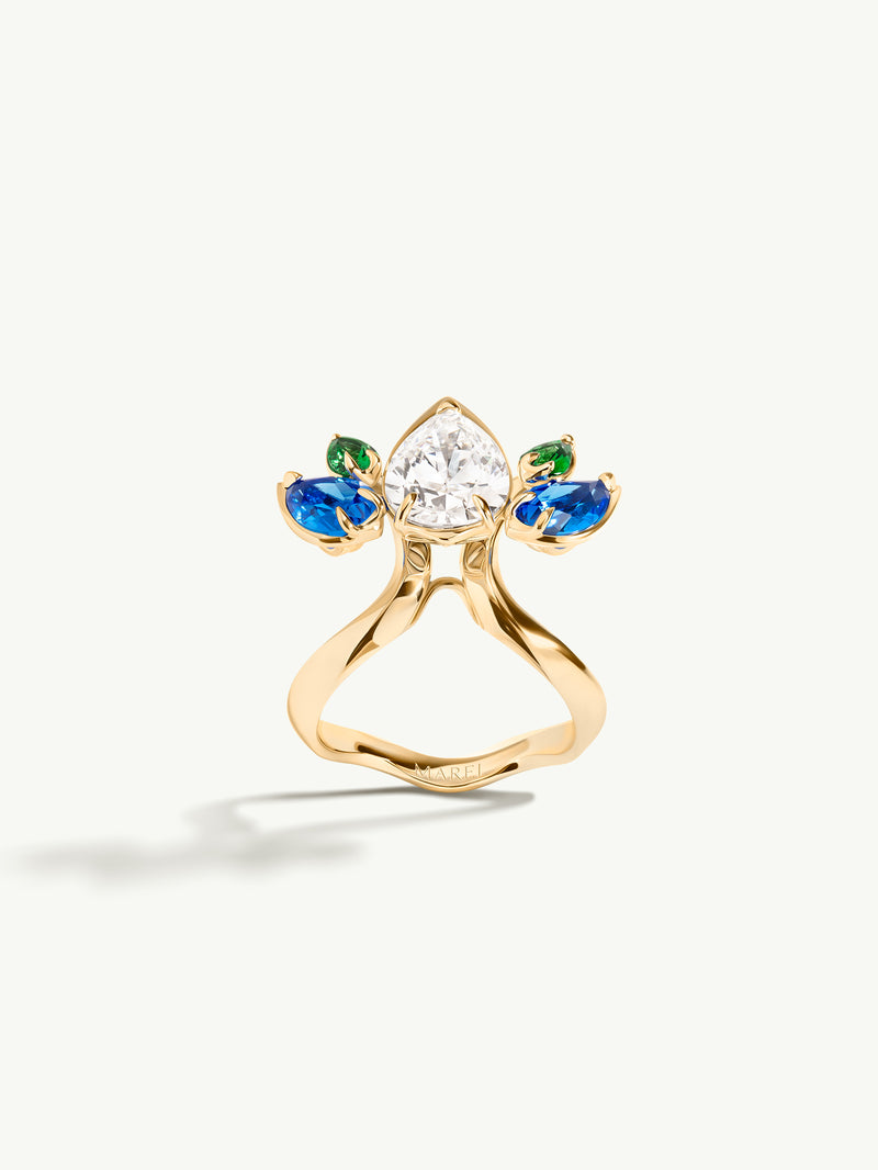 Lotus Lakshmi Ring with Pear-Shaped Diamond, Blue Spinels & Tsavorite Garnets In 18K Yellow Gold