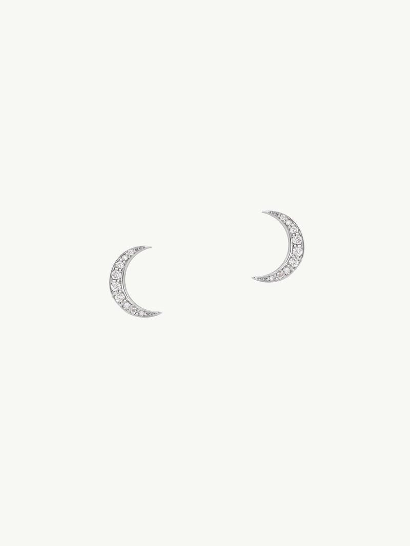 Celestial Moonbeam Stud Earrings With Pavé-Set White Diamonds, 0.10 CTW
