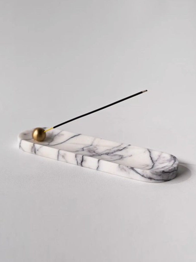 Tarabiza Long White Marble & Brass Incense Holder