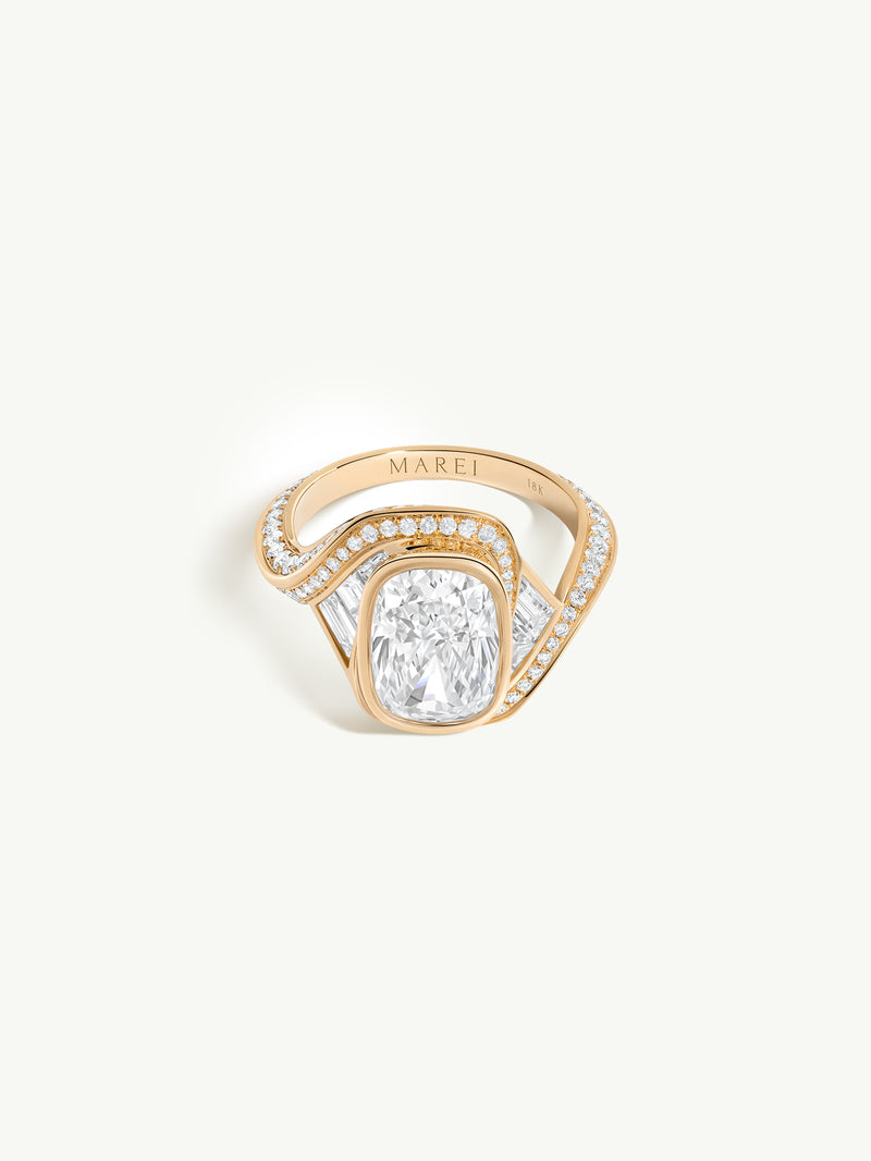 Maat Engagement Ring With Brilliant Cushion-Cut Diamond, Baguettes & Pavé-Set White Diamonds in 18K Yellow Gold - 03