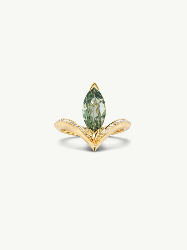 Yasmeen Ring with Brilliant Marquise-Cut Natural Green Sapphire In 18K Yellow Gold