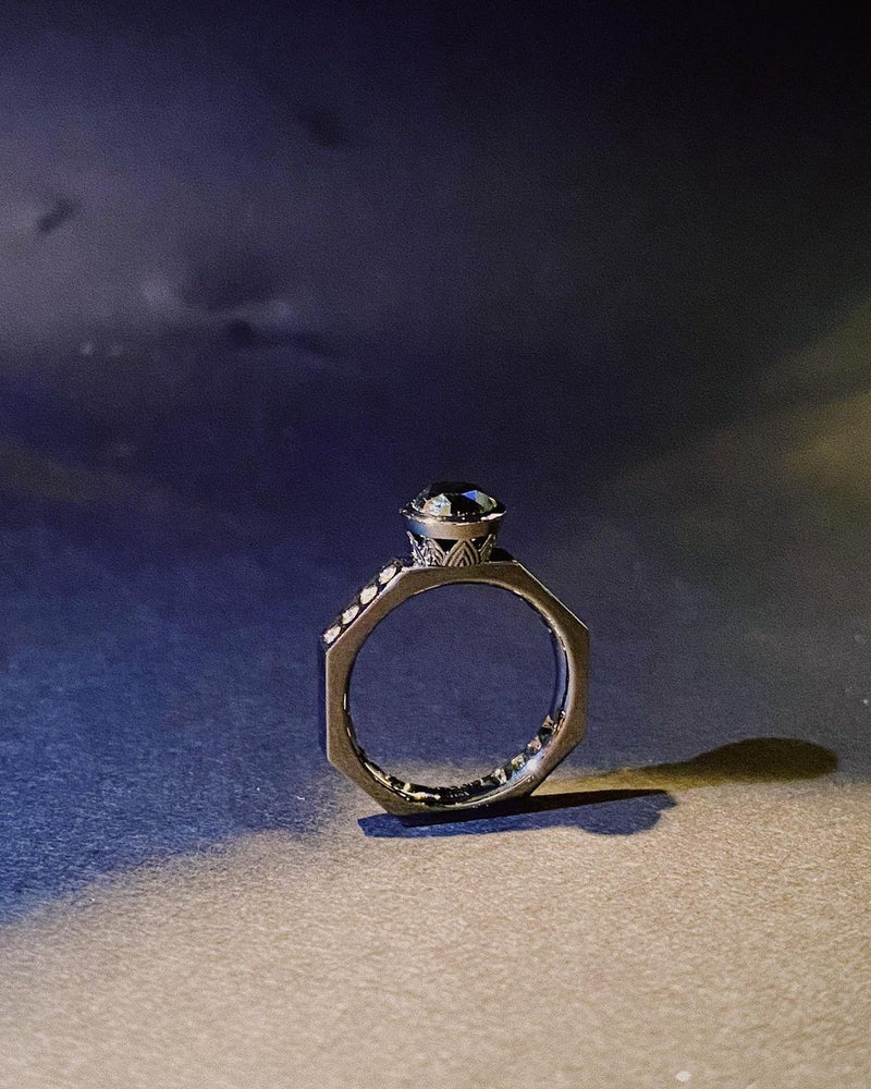 Octavian Lotus Engagement Ring With Round Brilliant-Cut White Diamond In 18K Blackened Gold