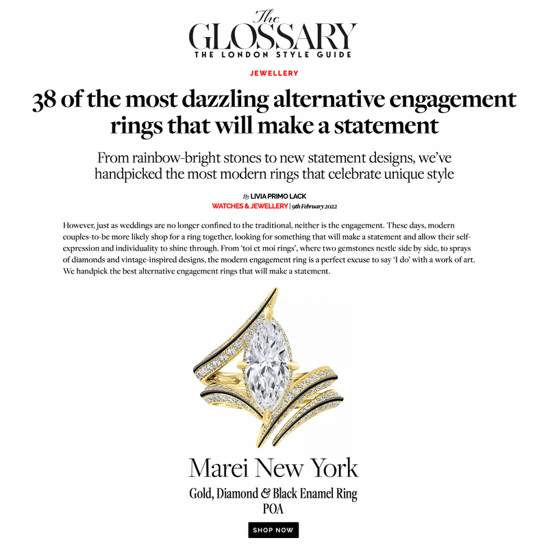 Ayla Arabesque Engagement Ring With Marquise-Cut White Diamond, Pavé-Set Brilliant White Diamonds & Enamel In 18K Yellow Gold