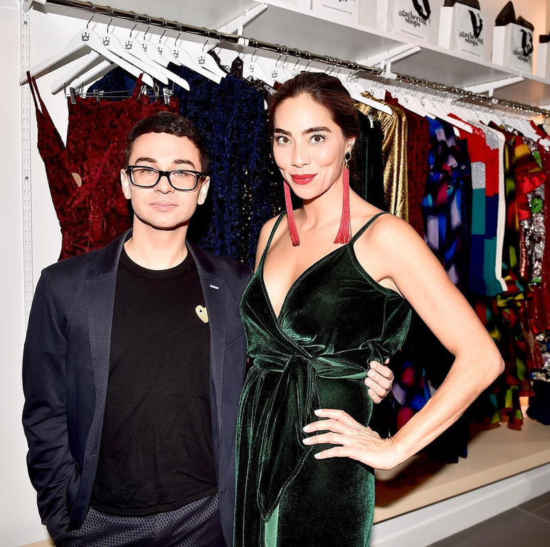 Christian Siriano with Anna Maria Sandegren in Alexandria Tassel Earrings by Diaboli Kill Jewelry by Angie Marei