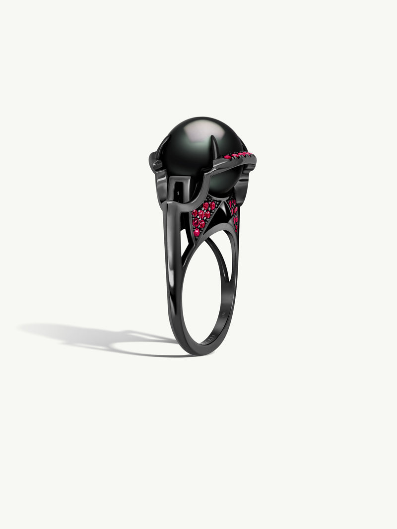 Isis Goddess Ring With Tahitian Black Pearl & Pavé-Set Brilliant Rubies In 18K Blackened Gold