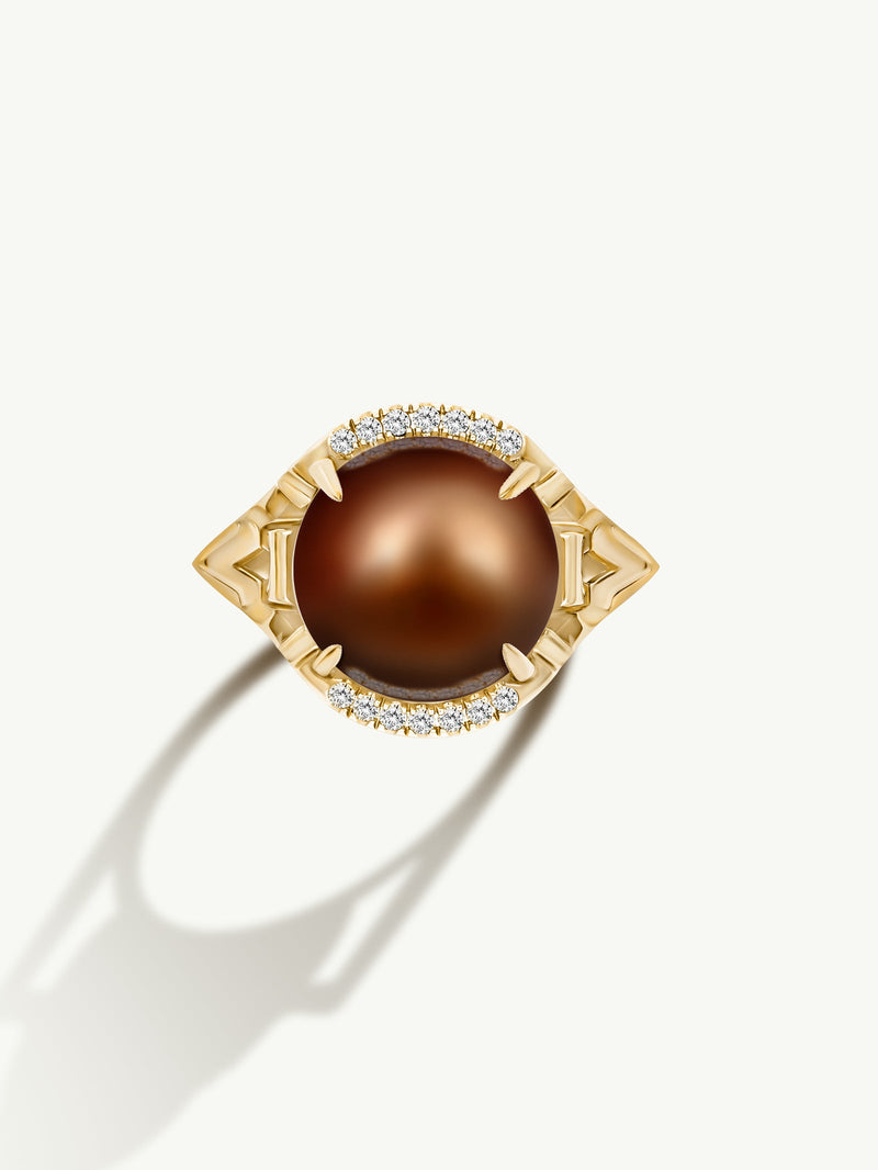 Isis Goddess Ring With Japanese Akoya Chocolate Pearl & Pavé-Set Brilliant White Diamonds In 18K Yellow Gold