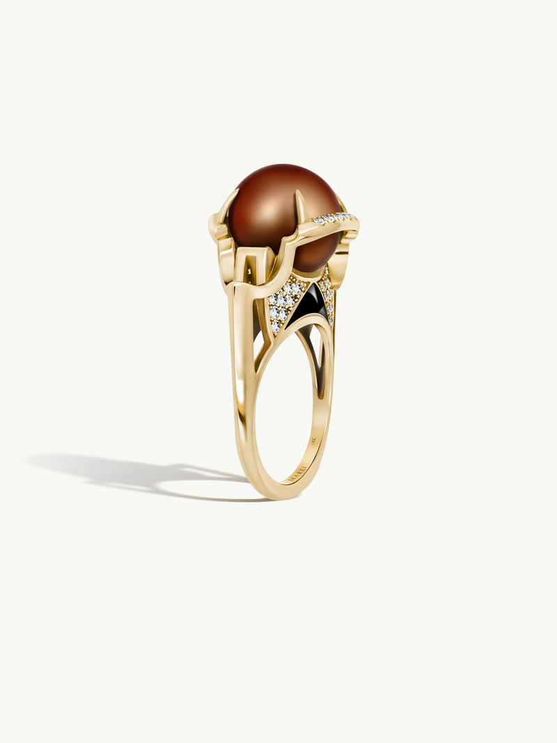 Isis Goddess Ring With Japanese Akoya Chocolate Pearl & Pavé-Set Brilliant White Diamonds In 18K Yellow Gold