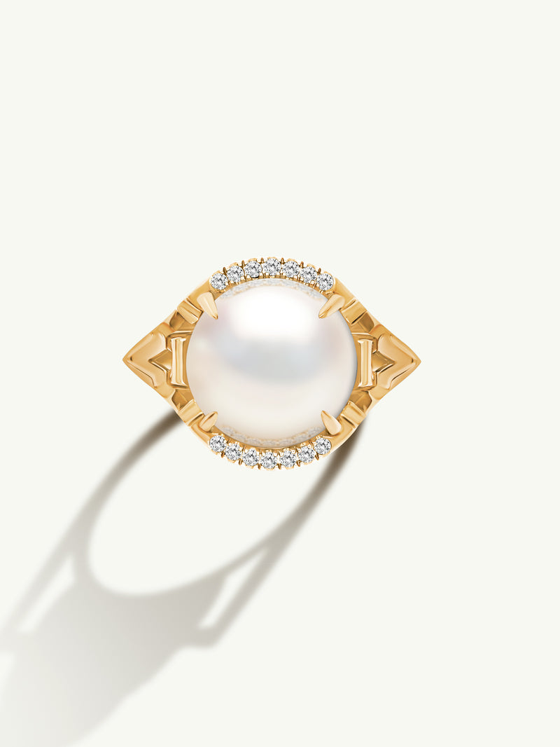 Isis Goddess Ring With White South Sea Pearl & Pavé-Set Brilliant White Diamonds In 18K Yellow Gold