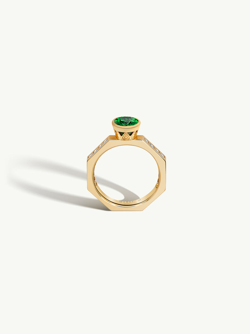 Octavian Lotus Engagement Ring With Round Brilliant-Cut Emerald Ring In 18K Yellow Gold