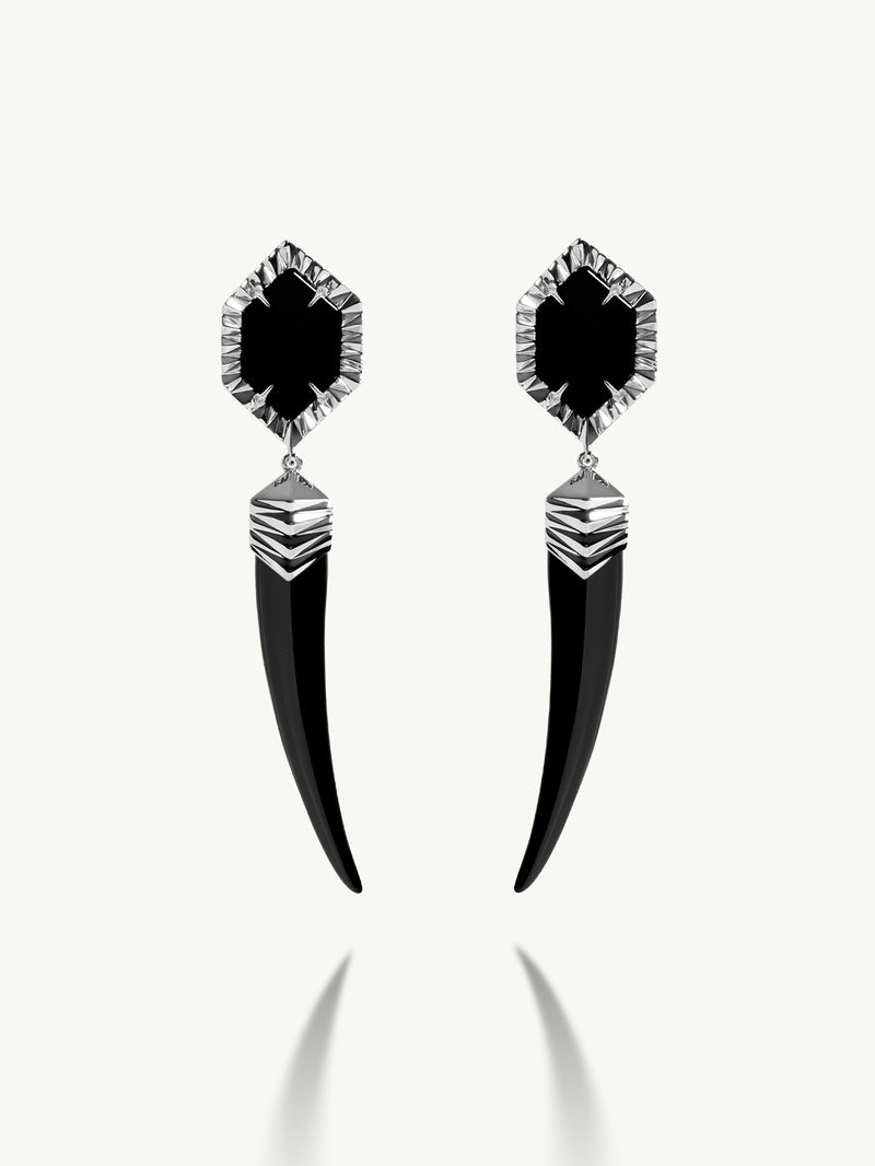 Alexandria Horn Talisman Drop Earrings With Black Onyx Agate In 18K White Gold