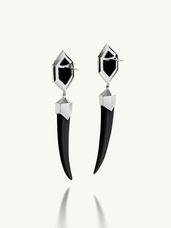 Alexandria Horn Talisman Drop Earrings With Black Onyx Agate In 18K White Gold