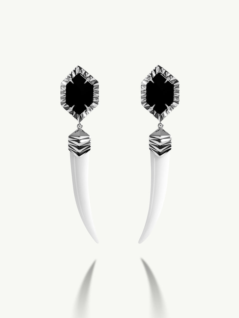 Alexandria Horn Talisman Drop Earrings With Black & White Onyx Agate In 18K White Gold