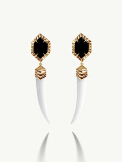 Alexandria Horn Talisman Drop Earrings With Black & White Onyx Agate In 18K Yellow Gold