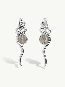 Ancient Roman Coin Serpentine Earrings In 18K White Gold -01