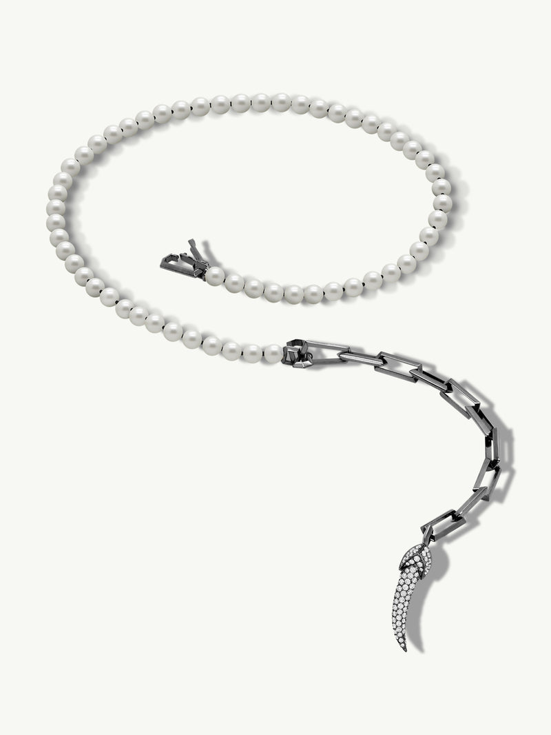 Damian Horn Talisman Pearl Necklace With Pavé-Set Brilliant Diamonds In 18K Black Gold