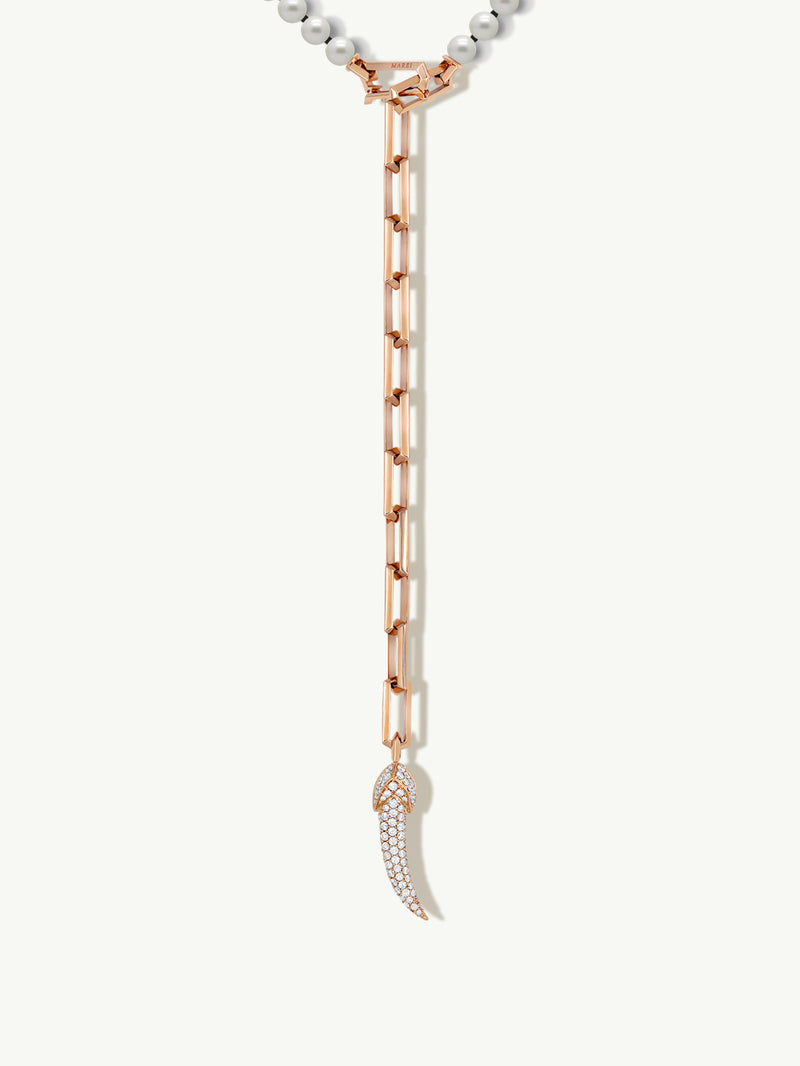 Damian Horn Talisman Pearl Necklace With Pavé-Set Brilliant Diamonds In 18K Rose Gold