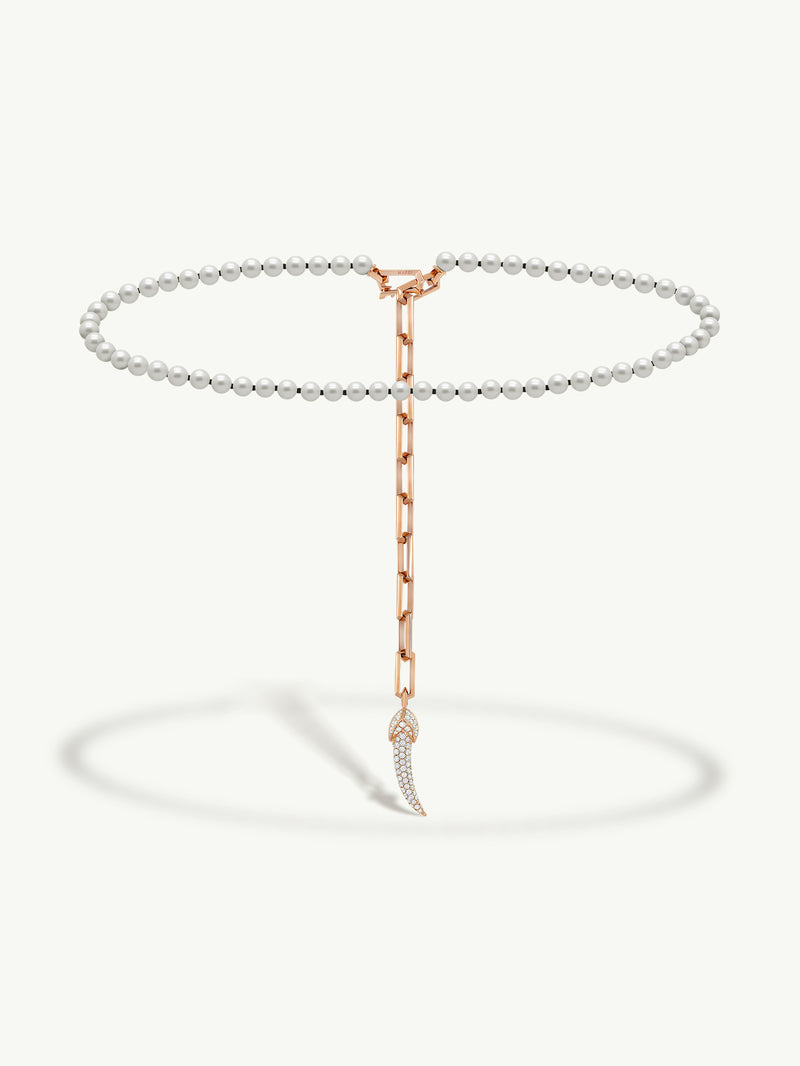 Damian Horn Talisman Pearl Necklace With Pavé-Set Brilliant Diamonds In 18K Rose Gold