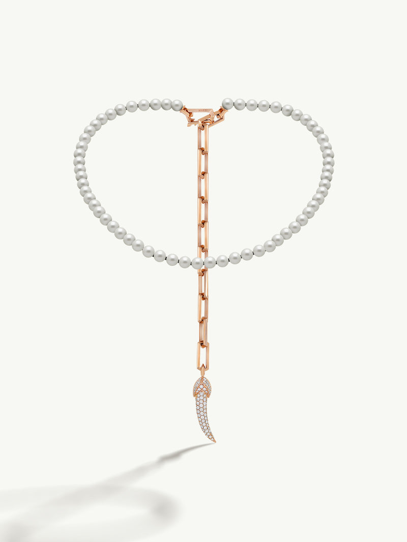 Damian Horn Talisman Pearl Necklace With Pavé-Set Brilliant Diamonds In 18K Rose Gold