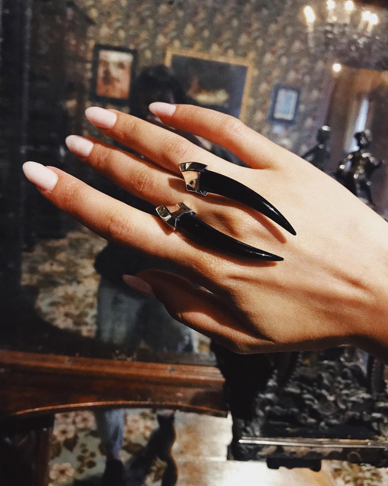 Damian Black Onyx Talisman Horn Ring In Blackened Silver