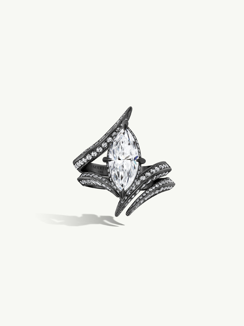 Ayla Arabesque Engagement Ring With Marquise-Cut White Diamond & Pavé-Set Brilliant White Diamonds In 18K Blackened Gold