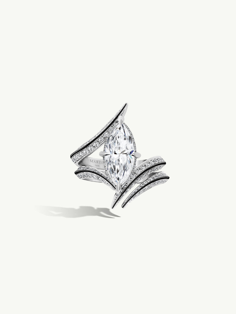 Ayla Arabesque Engagement Ring With Marquise-Cut White Diamond, Pavé-Set Brilliant White Diamonds & Enamel in 18K White Gold