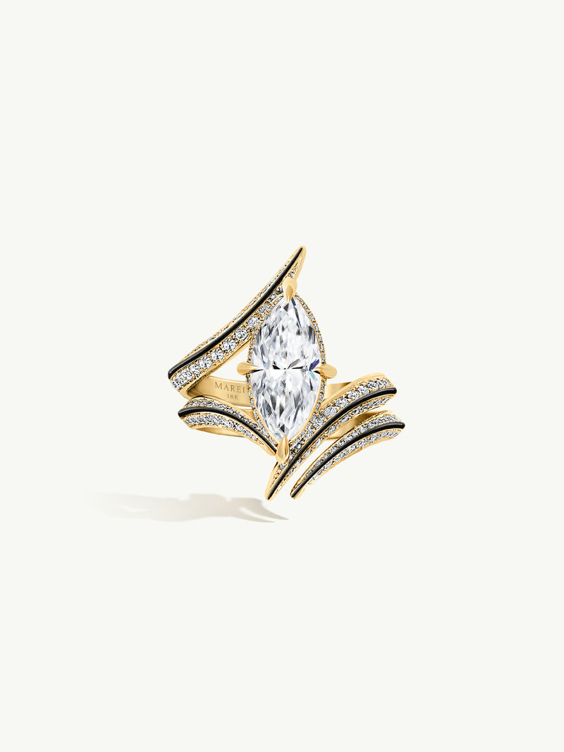 Ayla Arabesque Engagement Ring With Marquise-Cut White Diamond, Pavé-Set Brilliant White Diamonds & Enamel In 18K Yellow Gold