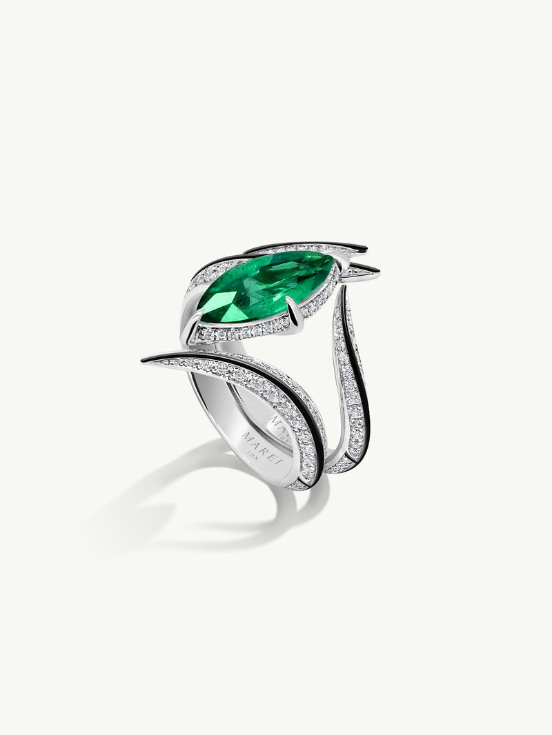 Ayla Arabesque Brilliant Marquise-Cut Emerald Ring With Pavé White Diamonds & Enamel In 18K White Gold