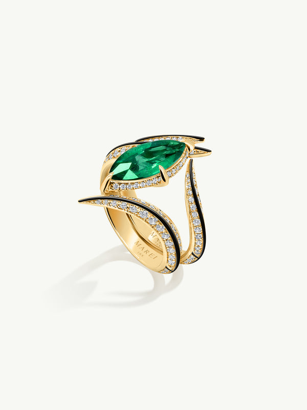 Ayla Arabesque Ring With Pavé-Set Brilliant White Diamonds & Enamel In 18K Yellow Gold