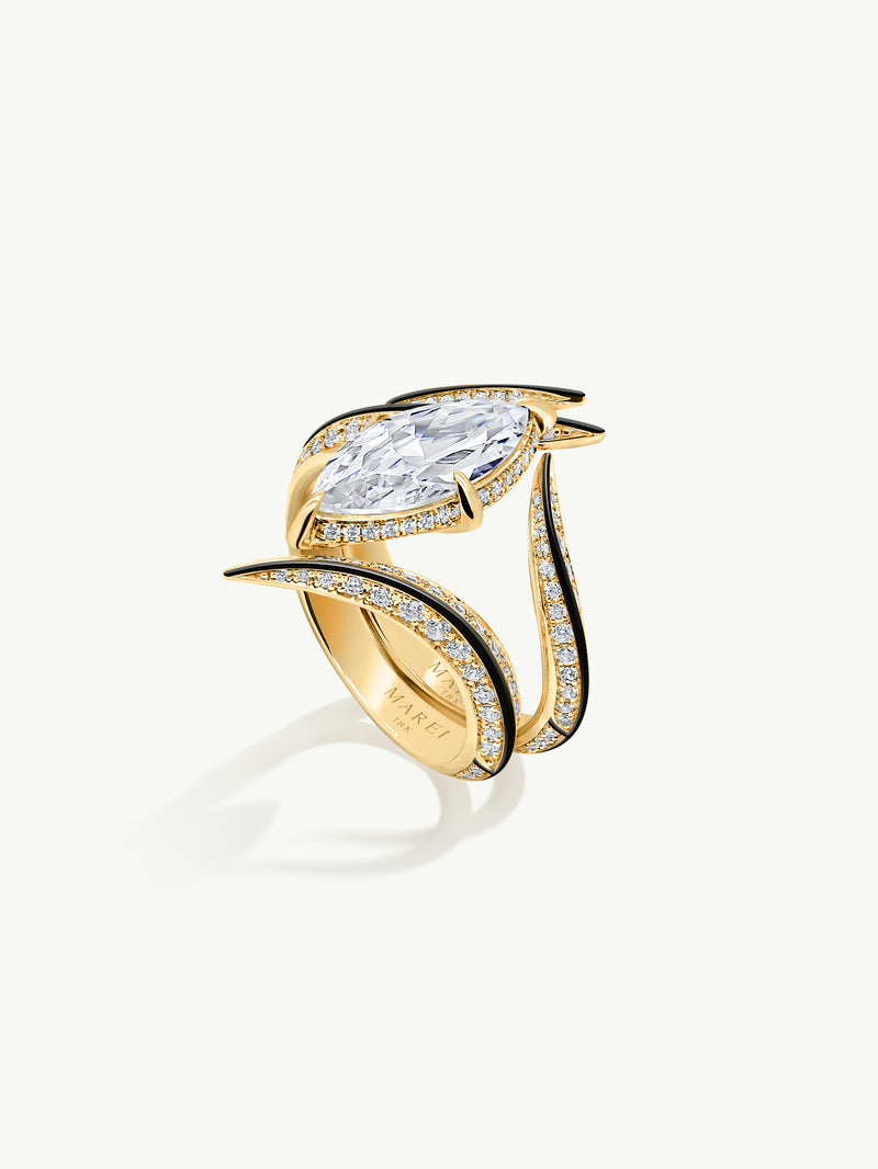 Ayla Arabesque Engagement Ring With Marquise-Cut White Diamond, Pavé-Set Brilliant White Diamonds & Enamel In 18K Yellow Gold