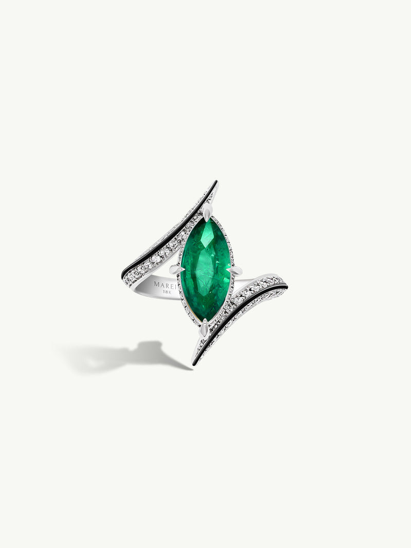 Ayla Arabesque Brilliant Marquise-Cut Emerald Ring With Pavé White Diamonds & Enamel In 18K White Gold