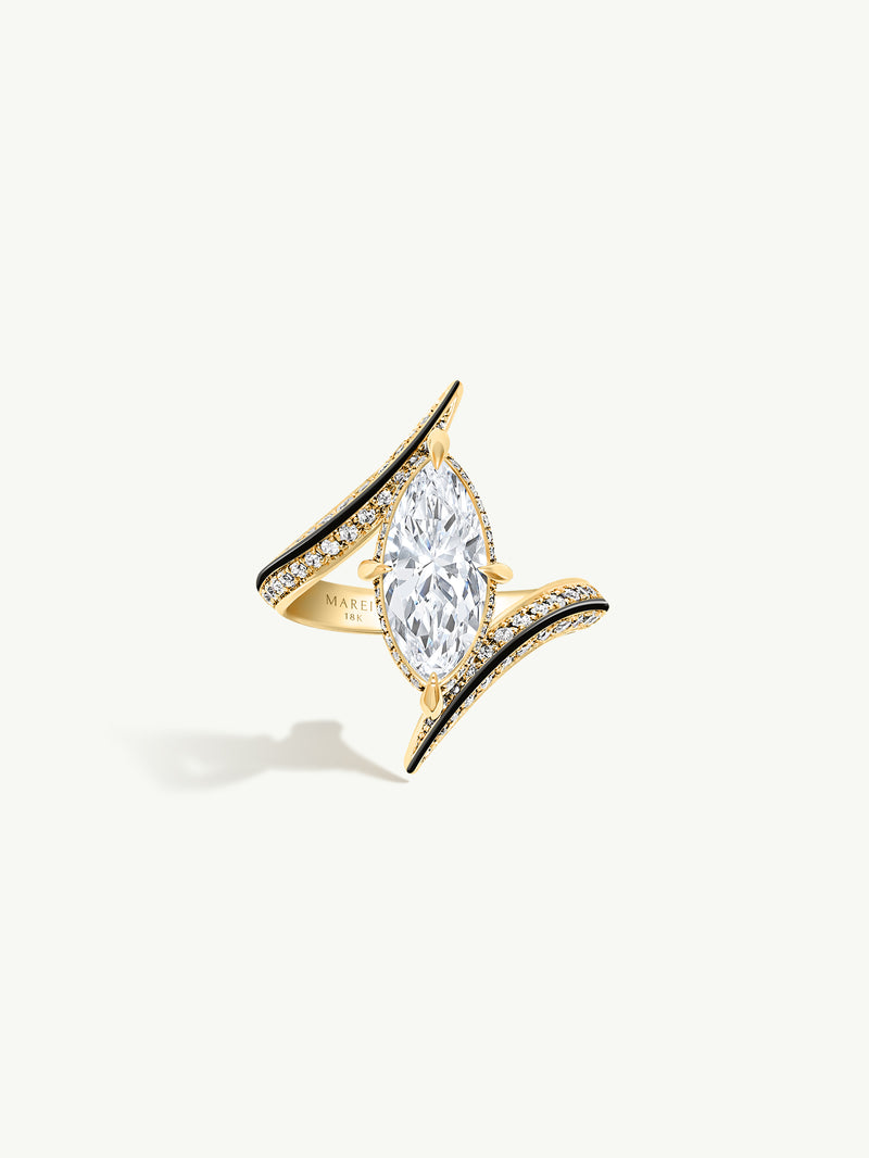 Ayla Arabesque Engagement Ring With Marquise-Cut White Diamond, Pavé-Set Brilliant White Diamonds & Enamel In 18K Yellow Gold