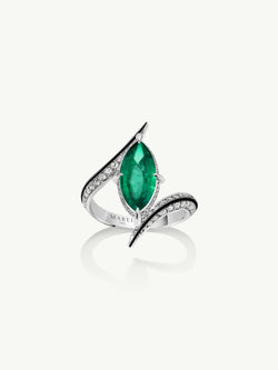 Ayla Arabesque Brilliant Marquise-Cut Emerald Ring With Pavé White Diamonds & Enamel In 18K White Gold