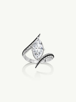 Ayla Arabesque Engagement Ring With Marquise-Cut White Diamond, Pavé-Set Brilliant White Diamonds & Enamel in 18K White Gold