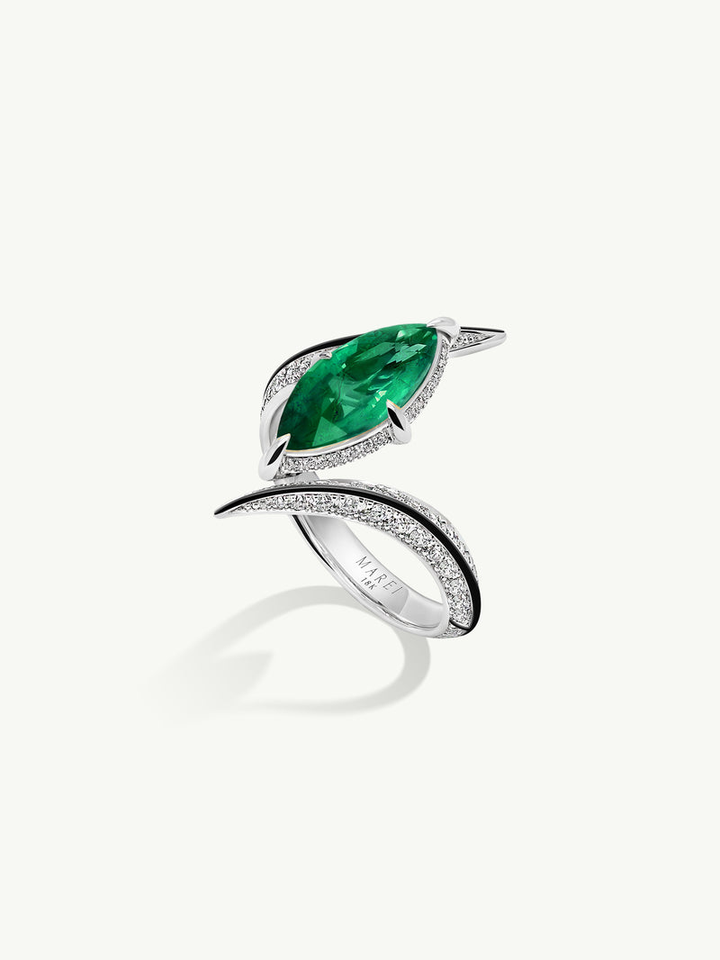 Ayla Arabesque Brilliant Marquise-Cut Emerald Ring With Pavé White Diamonds & Enamel In 18K White Gold