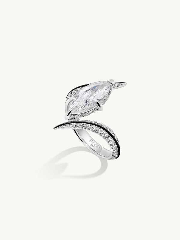 Ayla Arabesque Engagement Ring With Marquise-Cut White Diamond, Pavé-Set Brilliant White Diamonds & Enamel in 18K White Gold