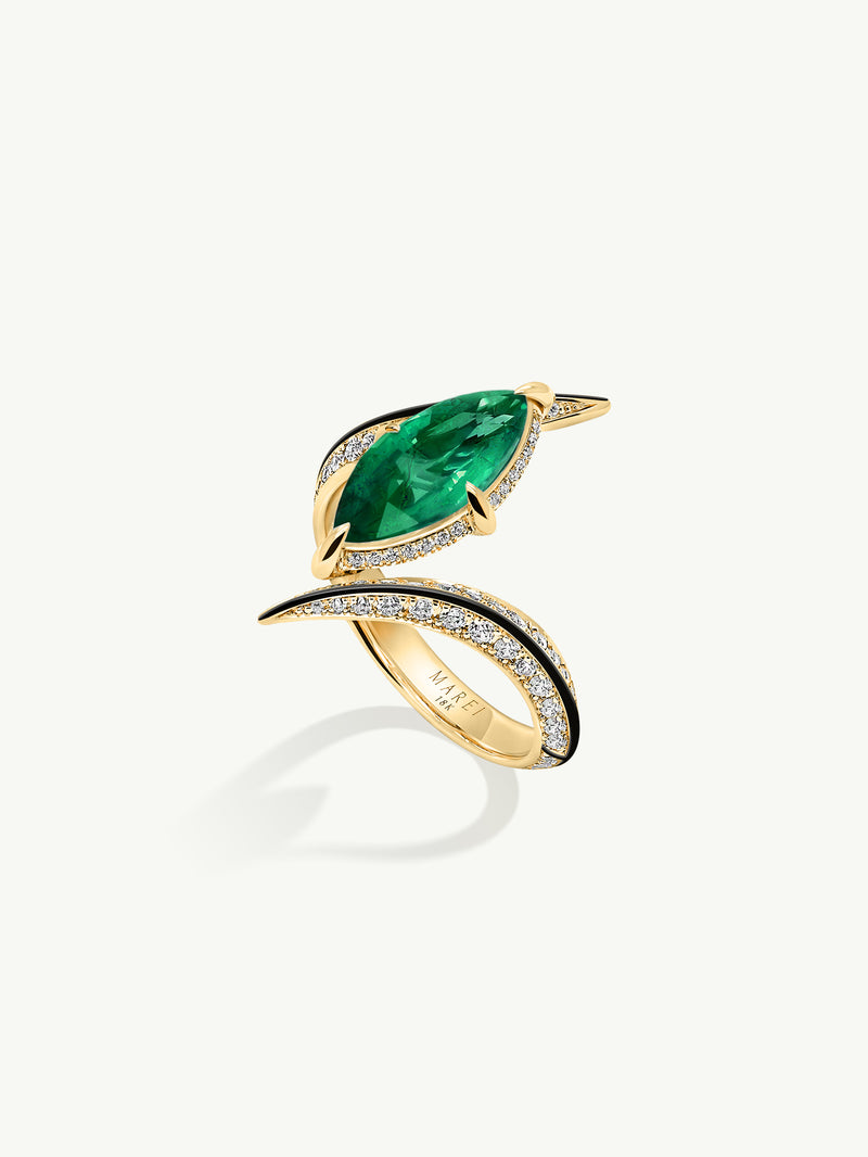 Ayla Arabesque Brilliant Marquise-Cut Emerald Ring With Pavé White Diamonds & Enamel In 18K Yellow Gold