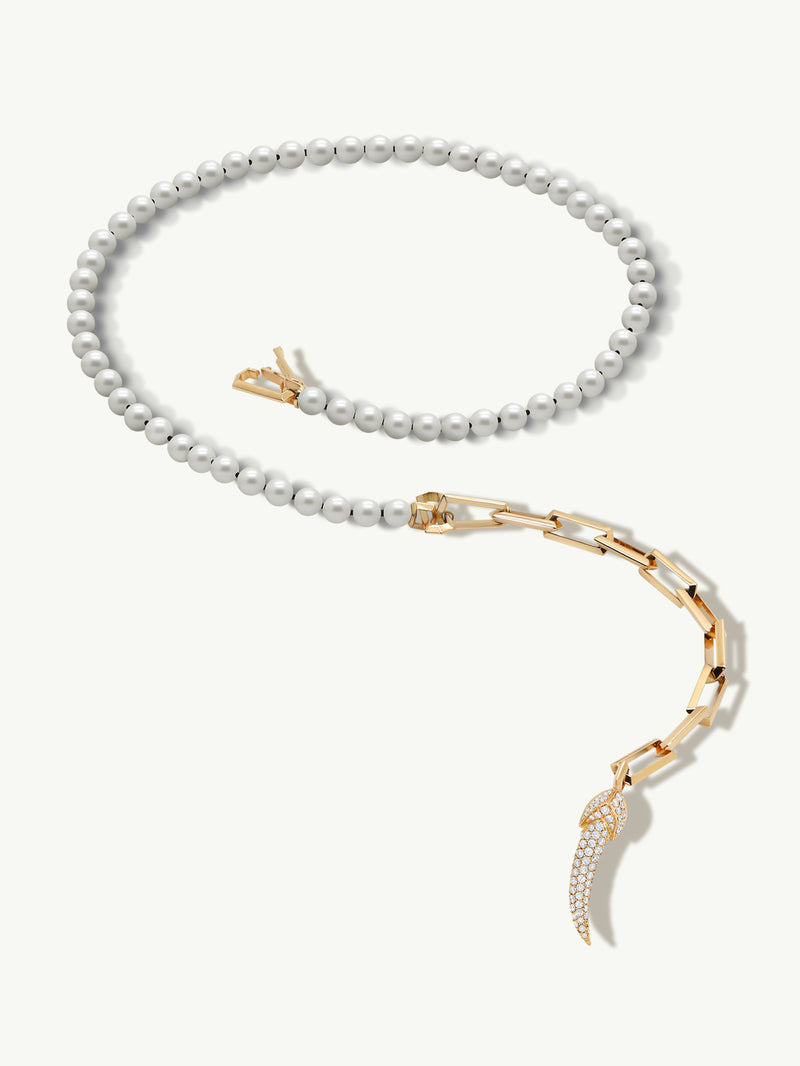 Damian Horn Talisman Pearl Necklace With Pavé-Set Brilliant Diamonds In 18K Yellow Gold