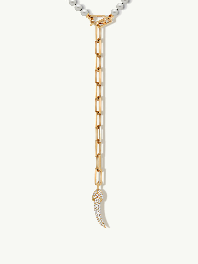 Damian Horn Talisman Pearl Necklace With Pavé-Set Brilliant Diamonds In 18K Yellow Gold