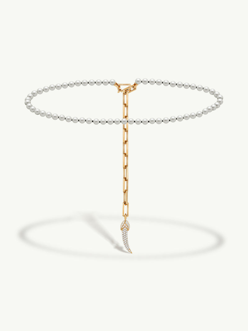 Damian Horn Talisman Pearl Necklace With Pavé-Set Brilliant Diamonds In 18K Yellow Gold