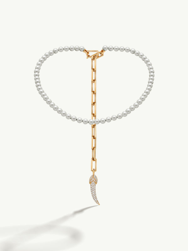 Damian Horn Talisman Pearl Necklace With Pavé-Set Brilliant Diamonds In 18K Yellow Gold