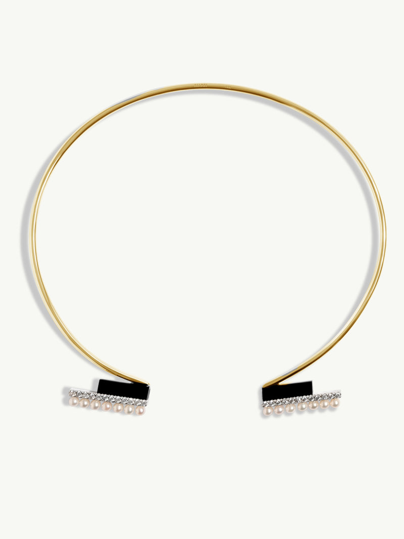 Invidia Black Onyx Column & Pavé White Diamond Collar Necklace With Pearls In 18K Yellow Gold