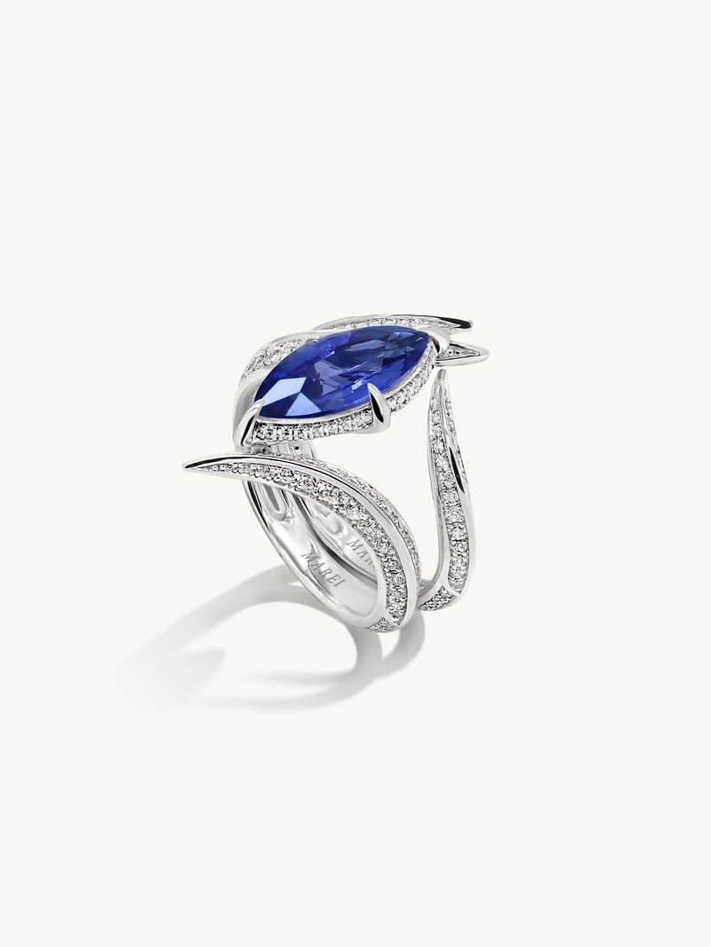 Ayla Arabesque Engagement Ring with Marquise-Cut Cornflower Blue Sapphire & Pavé-Set Brilliant White Diamonds In 18K White Gold