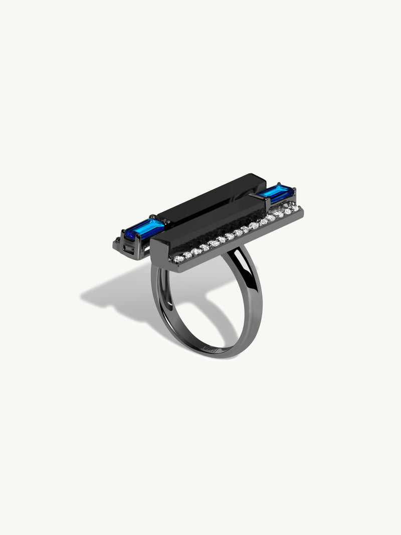 Invidia Black Onyx Column Ring With Baguette-Cut Blue Sapphires & Pavé-Set White Diamonds Ring In 18K Blackened Gold
