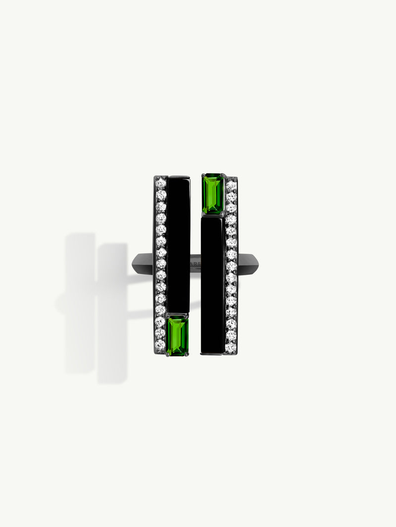 Invidia Black Onyx Column Ring With Chrome Diopside & Pavé White Diamonds In 18K Blackened Gold