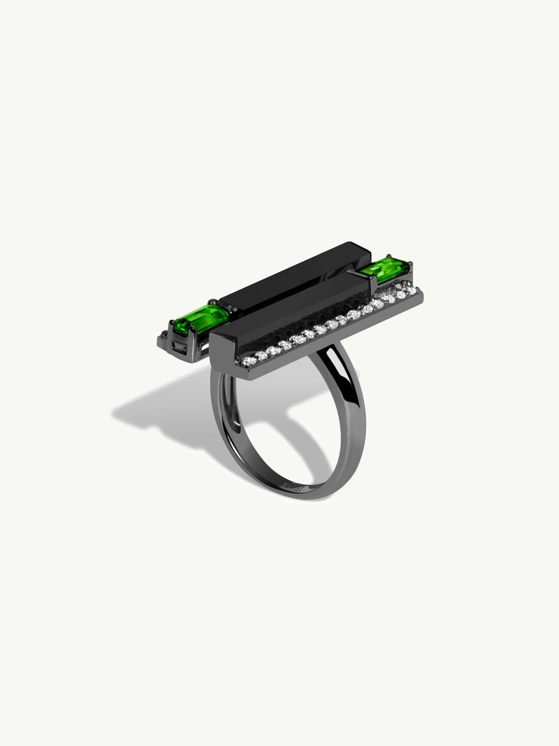Invidia Black Onyx Column Ring With Chrome Diopside & Pavé White Diamonds In 18K Blackened Gold