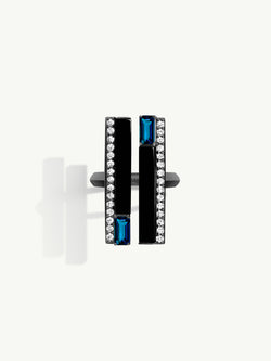 Invidia Black Onyx Column Ring With Baguette-Cut Blue Sapphires & Pavé-Set White Diamonds Ring In 18K Blackened Gold