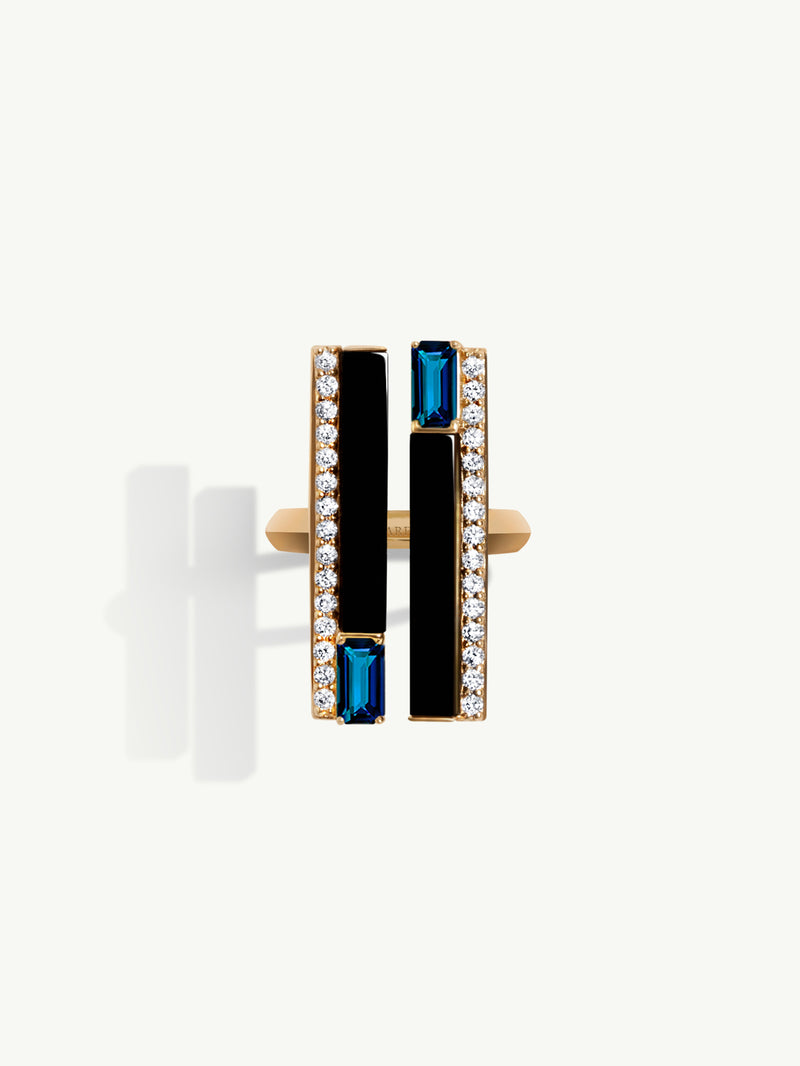 Invidia Black Onyx Column Ring With Baguette-Cut Blue Sapphires & Pavé-Set White Diamonds Ring In 18K Yellow Gold